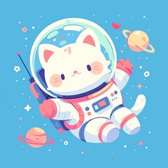 Cute cartoon cat astronaut floating in space with planets and stars