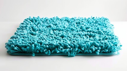 Shaggy bath mat in a vibrant teal color, isolated on white, perfect for creating a cozy and inviting bathroom space.,
