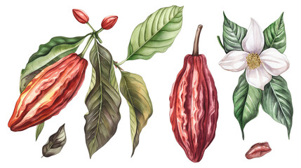 Watercolor illustration of cocoa leaves, red cocoa fruit and flowers isolated on a transparent background