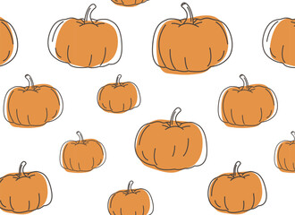 Pumpkins seamless white background. Pumpkin - squash for Halloween or Thanksgiving flat color illustration, for gift wrapping, wallpaper, homepage web page, clothing.