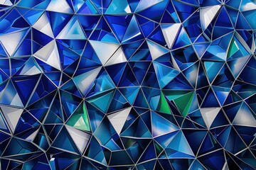 A lattice-like design where triangles in deep blue and white form a complex web, with pops of green and cyan adding depth and interest to the intersections, suggesting a network of connections.