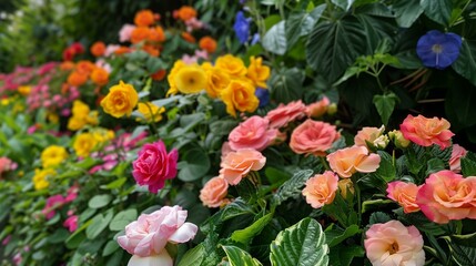 Garden with many different colored flowers yellow orange pink red, sweet-smelling delicate feminine dainty