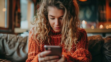 Thoughtful young woman sitting on couch looking at smartphone, assessment evaluation consideration judgment