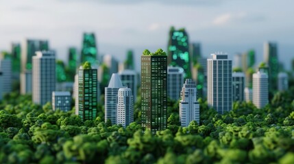 Obraz premium Futuristic smart city with digital elements, green urban landscape, sustainable technology