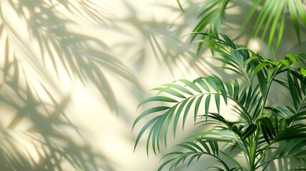 Green palm tree against beige background with shadow palm leaves, indoors houseplant illuminated