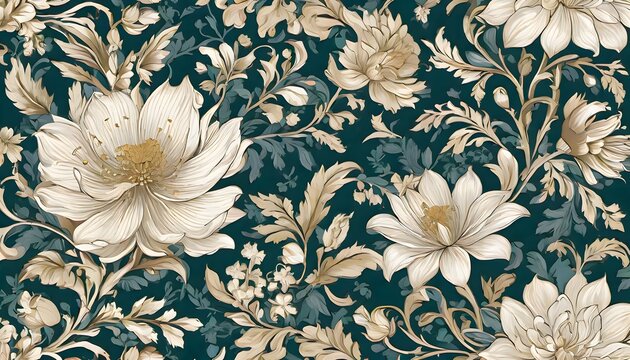 Detailed floral pattern with large white flowers and green leaves on a dark background, Generative AI.