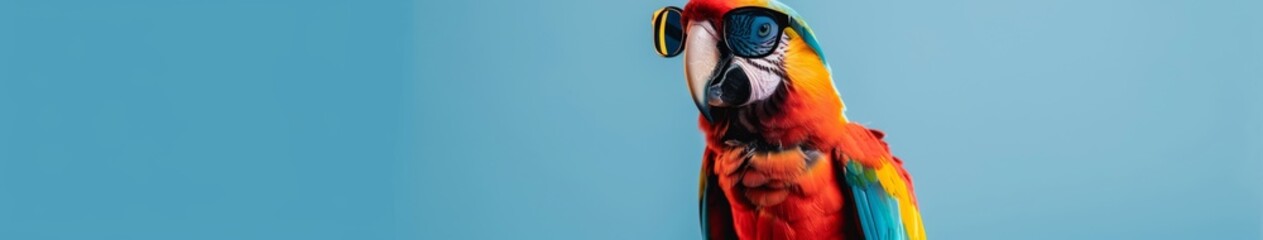 Fototapeta premium Humorous Studio Portrait of a Parrot Wearing Sunglasses, Capturing the Quirky and Fun Personality of the Bird, Perfect for Pet Lovers and Humorous Themes