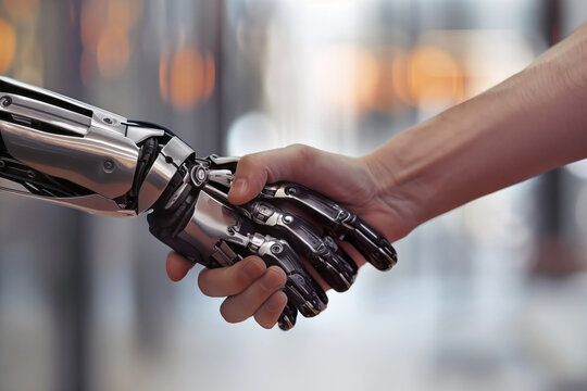 Gros-plan sur la main d'un humain serrant la main artificielle d'un robot