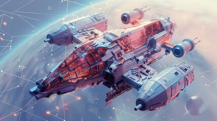 A futuristic spaceship flying over a planet with a digital network overlay, showcasing advanced technology and space exploration.