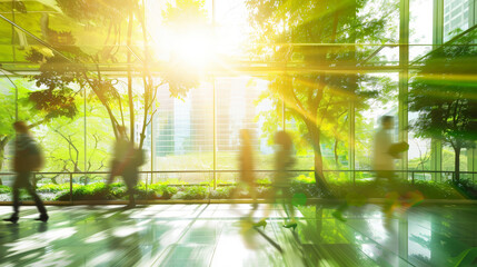 people walking in a modern office, blurred background