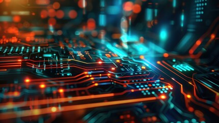 Obraz premium Close-up of a high-tech circuit board with glowing LED lights, representing advanced technology, innovation, and modern electronic design.