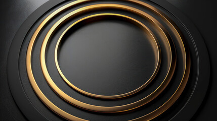 Black round frame with golden metal rim on dark background. Abstract mockup, minimal design, geometry shape display banner. Template for business logo, sign, show use. Copy space.