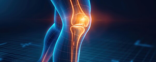 A human knee joint with highlighted pain or injury area, futuristic medical.
