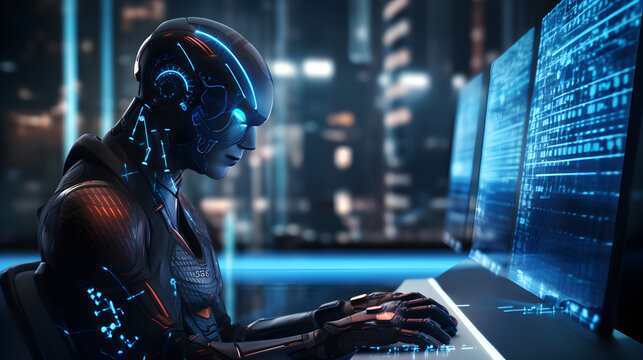 Advanced Humanoid Robotics Engaged in Futuristic Artificial Intelligence Programming