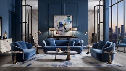 Stylish modern interior of blue living room with luxury home accessories