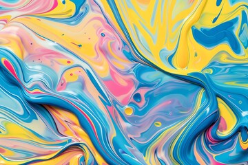 Colorful swirls of liquid paint forming intricate patterns on an abstract background, featuring shades like blue, yellow, pink, and orange.
