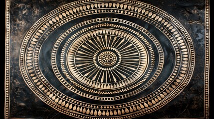 Fototapeta premium Abstract circular pattern with intricate geometric designs in gold and black tones, evoking a sense of symmetry and elegance.