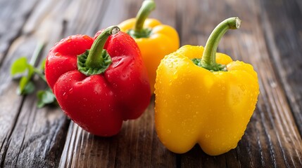 A beautiful photo of vibrant red and yellow bell peppers on a wooden table