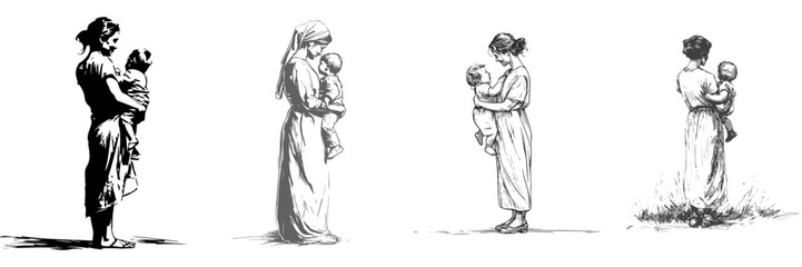 Hand drawn sketch set of women and baby