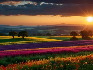 Fantasy view of a beautiful sunset or sunrise in a green meadow full of flowers. Natural panorama with calm and beautiful sunlight