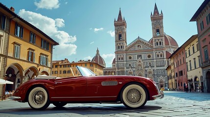 Obraz premium A luxury convertible parked near a historic city square, with a landmark cathedral in the background, highlighting the car's elegance and the cultural significance of the location.