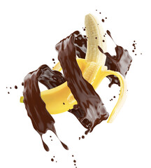 banana with chocolate splash isolated on a white background. Clipping path