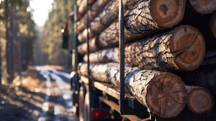 Timber truck transporting cut trees from forest along highway. Transport raw wood felling site. Harvesters, machines and clearing of plantation. Logging industry. Lumberjack. Wheel-mounted loader.
