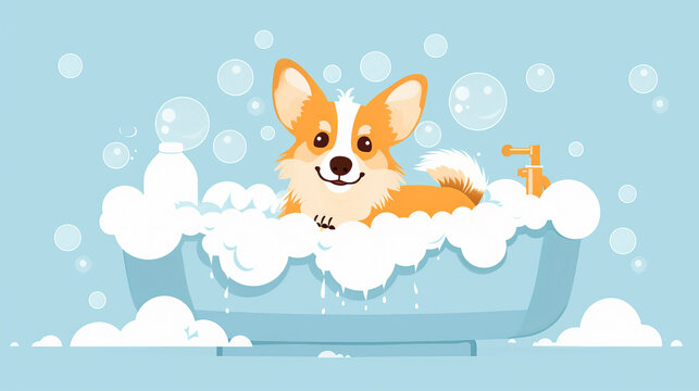 Dog grooming cartoon. Cute corgi dog in bubble bath. Flat Cartoon style illustration. 