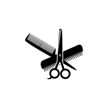 recommend clip art: Scissors and hairbrush graphic icon. Crossed scissors and hairbrush sign isolated on white background. Barbershop symbol. Modern vector illustration.