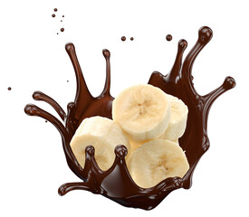 banana slices with chocolate splash isolated on a white background. Clipping path