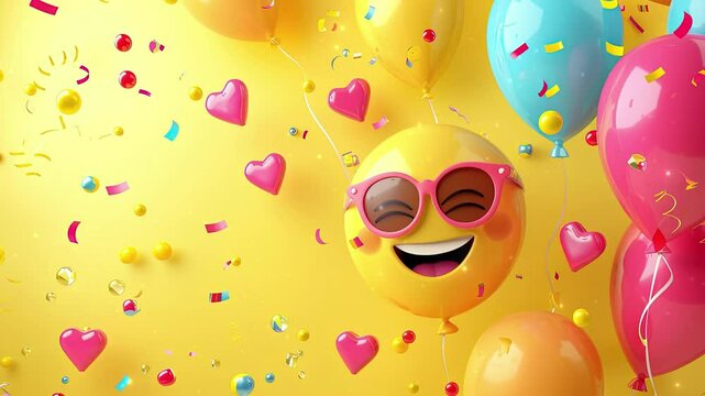 World Emoji Day Concept. Colorful balloons with a happy emoji face smiley. Emoji Celebration. World smile day emojis. World mental health day. World Laughter Day. Joyful mood. Copy space. 4K Videos