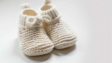 baby booties on a white background. Selective focus.