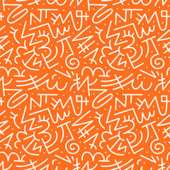 Fun line doodle seamless pattern. Creative abstract squiggle style drawing background for children or trendy design with basic shapes. Simple childish scribble wallpaper print.