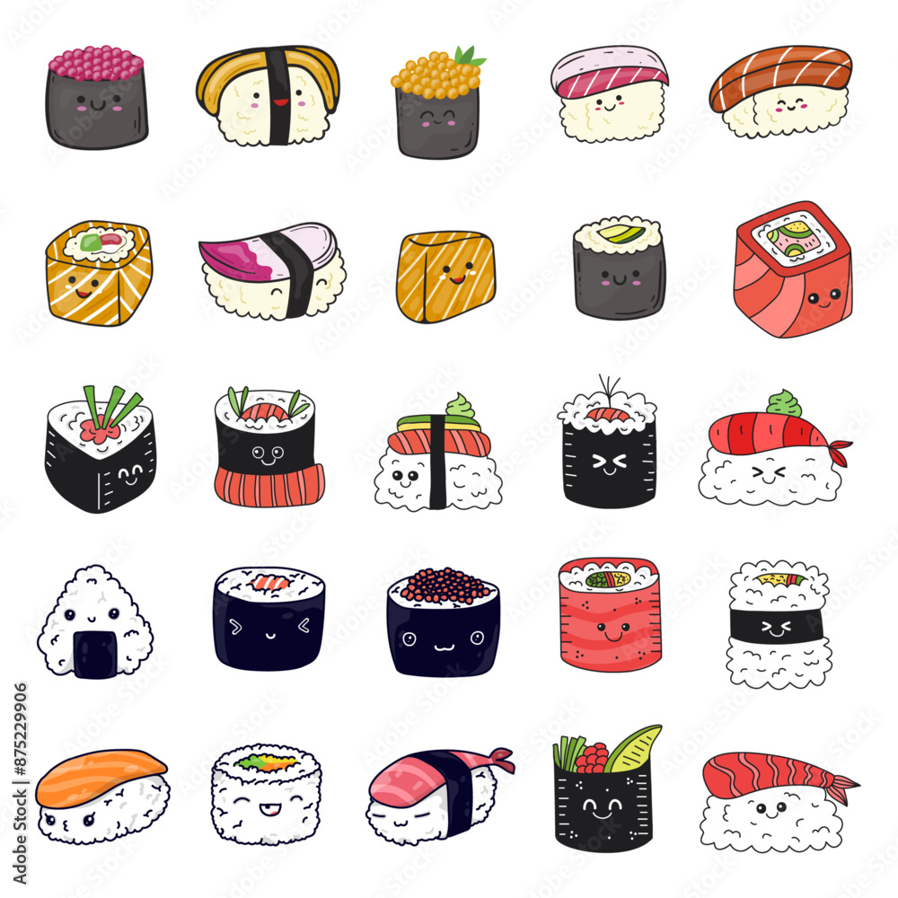 Aufkleber set of kawaii sushi. simple and cheerful sushi of different types, everyone has funny faces.