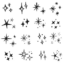 Set of drawn silhouettes of stars. Vector set of different stars.