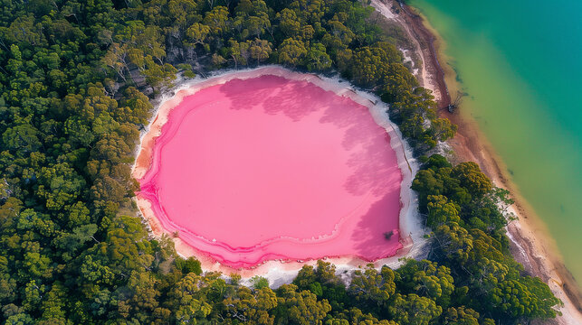 Lake Hillier, a striking pink lake with a white shoreline surrounding it, surrounded by dense green forests, Ai generated Images