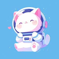 Adorable illustration of a cat wearing a spacesuit with a heart-shaped background