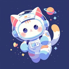 Adorable Cat Astronaut Floating in Space Surrounded by Stars and Planets