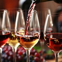 Red wine pour into a glass at a tasting. Rose, red, and white wine, drinks on a table at a winery. An assortment of wines of many different colors