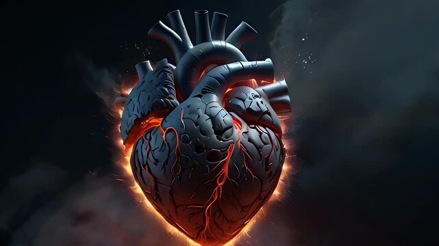 A 3D rendering of a human heart, cracked and burning, surrounded by smoke and darkness