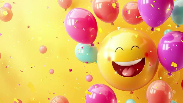World Emoji Day Concept. Colorful balloons with a happy emoji face smiley. Emoji Celebration. World smile day emojis. World mental health day. World Laughter Day. Joyful mood. Copy space. 4K Videos