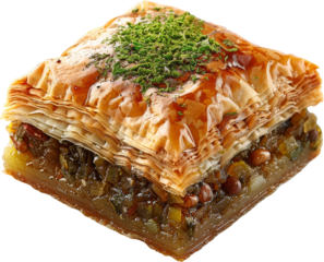 Close-up of delicious baklava with layers of crispy pastry, sweet syrup, and crushed nuts, garnished with green topping.