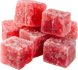 Close-up of delicious red Turkish delight cubes coated in powdered sugar, providing a sweet and authentic taste of traditional treats.