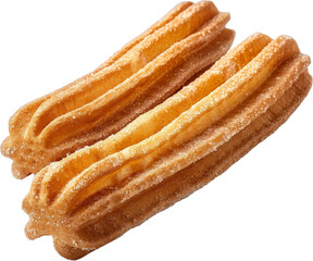 Close-up of two delicious, golden-brown churros, coated in sugar, isolated on a white background. Perfect for showcasing desserts or snacks.