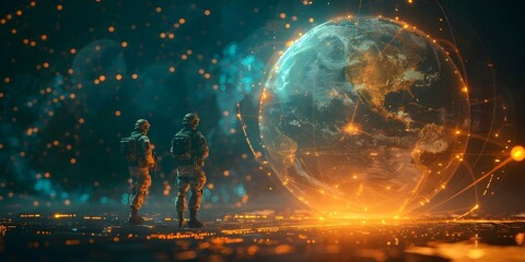 Digital globe with soldiers symbolizing global cyber warfare in digital networks. Concept Cyberwarfare, Digital Networks, Global Conflict, Military Tactics, Virtual Battles