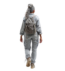 Fototapeta premium Mature woman casual dressed walking isolated on white transparent, rear view
