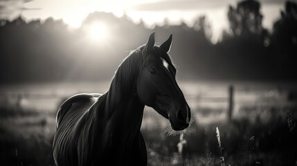 Fototapeta premium A black and white image of a horse standing in a field 