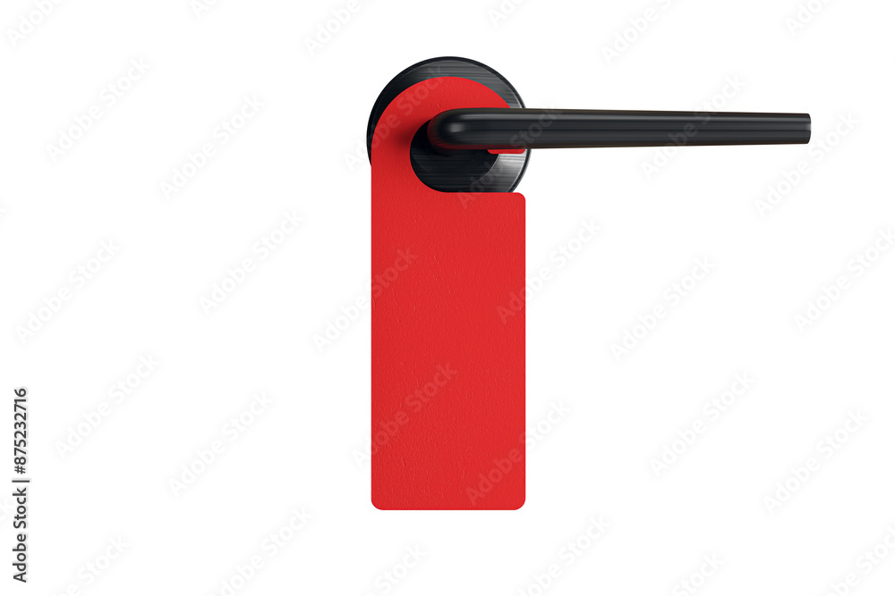 Poster a black door handle on a red tag, isolated on a white background, concept of a product mockup. 3d re