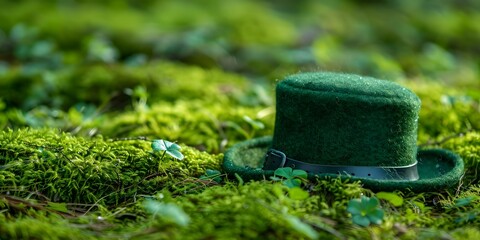St Patrick's Day Theme Leprechaun Hat on Green Moss Background. Concept St, Patrick's Day, Leprechaun Hat, Green Moss Background, Irish Celebration