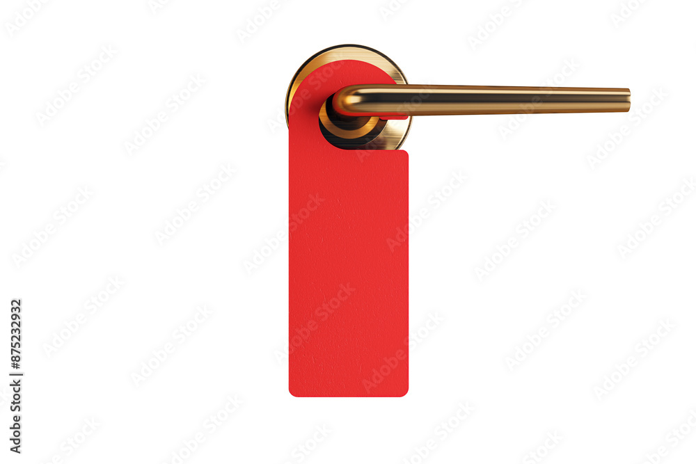 Aufkleber door handle attached to a vertical red tag, simple style, on a white background, concept of branding